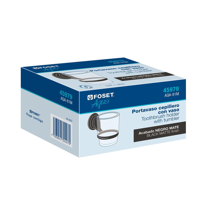 Portavaso cepillero negro con vaso de vidrio, Foset Aqua - Mundo Tool 
