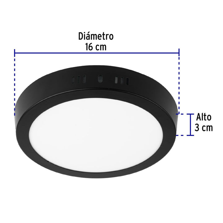 Luminario de LED 12 W redondo tipo plafón luz de día, negro - Mundo Tool 