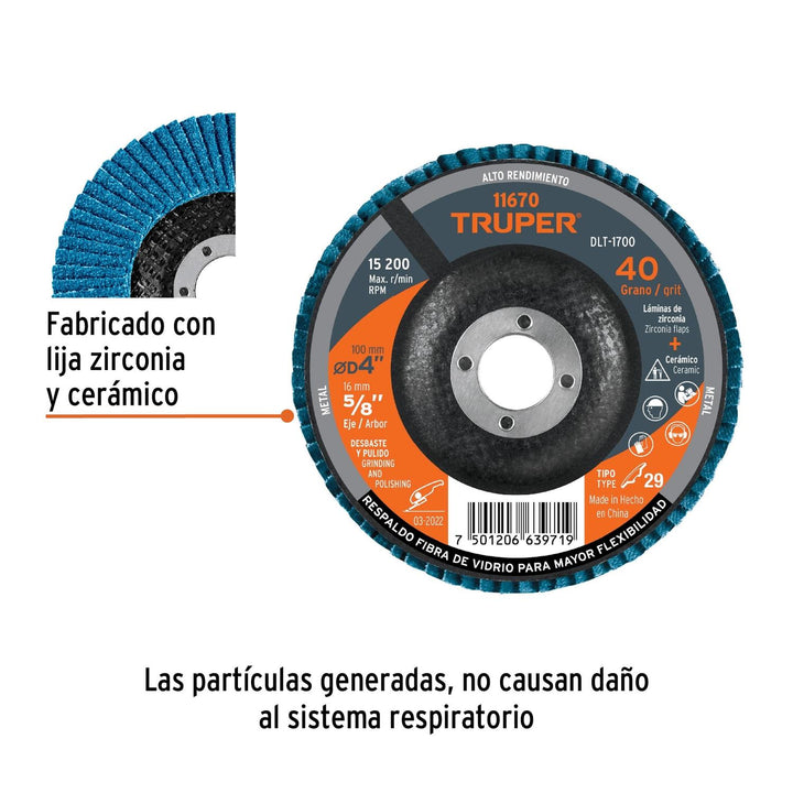 Disco laminado, tipo 29, diámetro 4', grano 40, centro 5/8' Truper - Mundo Tool 