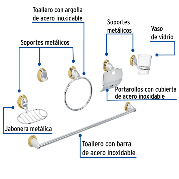 Juego de 6 acc. p/baño cromo-oro chapetón ovalado, Foset - Mundo Tool 