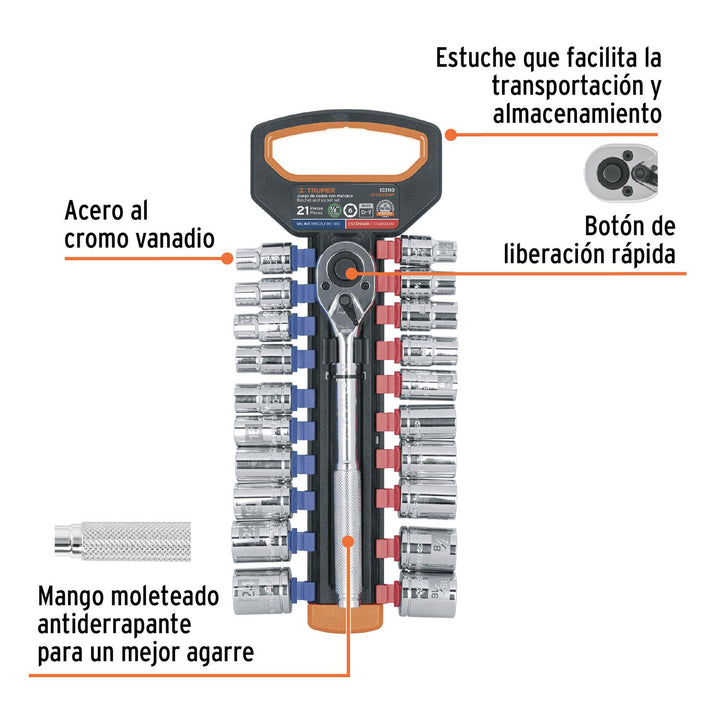 Juego de dados mm y std con matraca, cuadro 1/2', Truper - Mundo Tool 