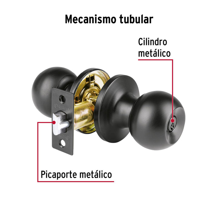 Cerradura esfera tubular, recámara, negro, Hermex Basic - Mundo Tool 