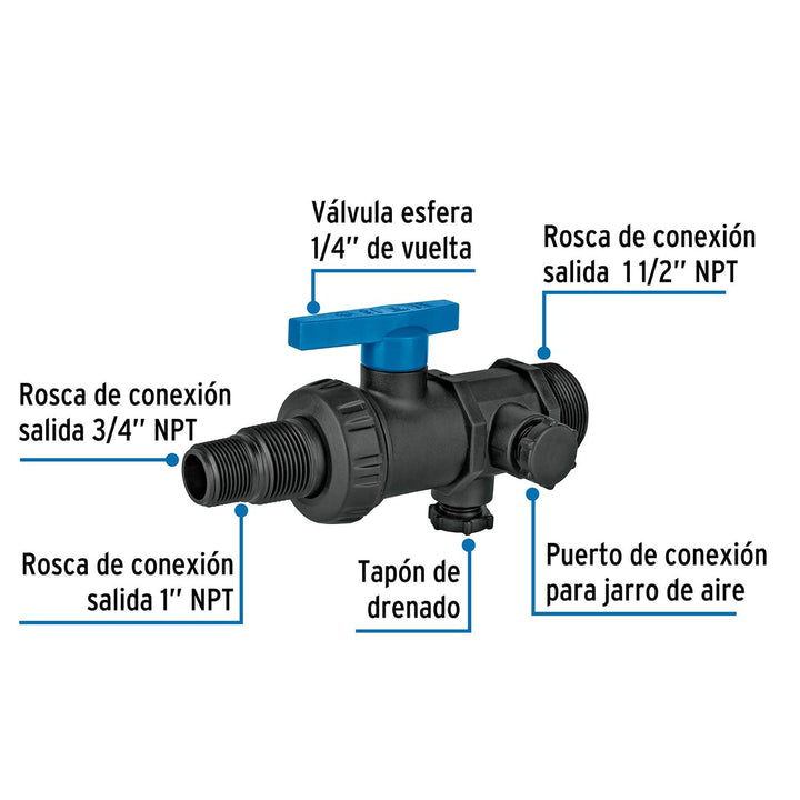 Multiconector polipropileno para tinaco, con válvula, Foset - Mundo Tool 