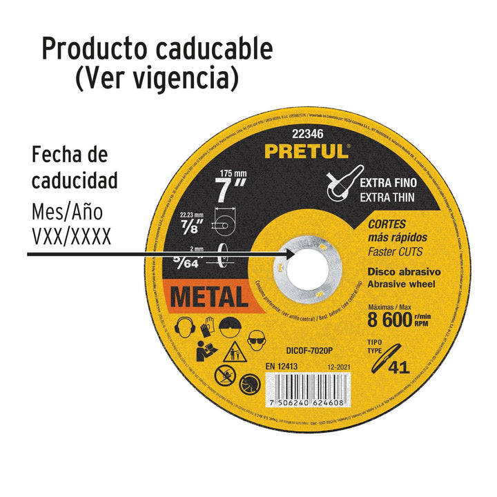 Disco abrasivo para corte extrafino,Tipo 41, 7', 2 mm Pretul Pretul - Mundo Tool 