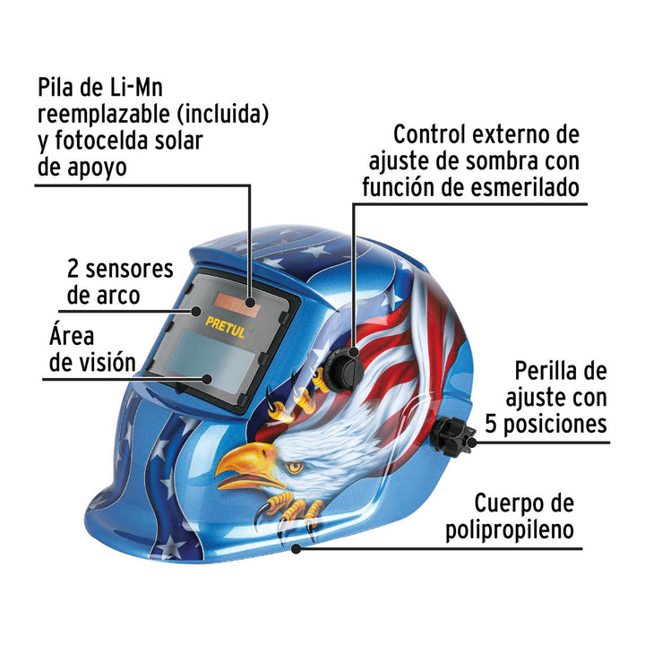 Careta electrónica p/soldar, águila, sombra 9 a 13, Pretul - Mundo Tool 