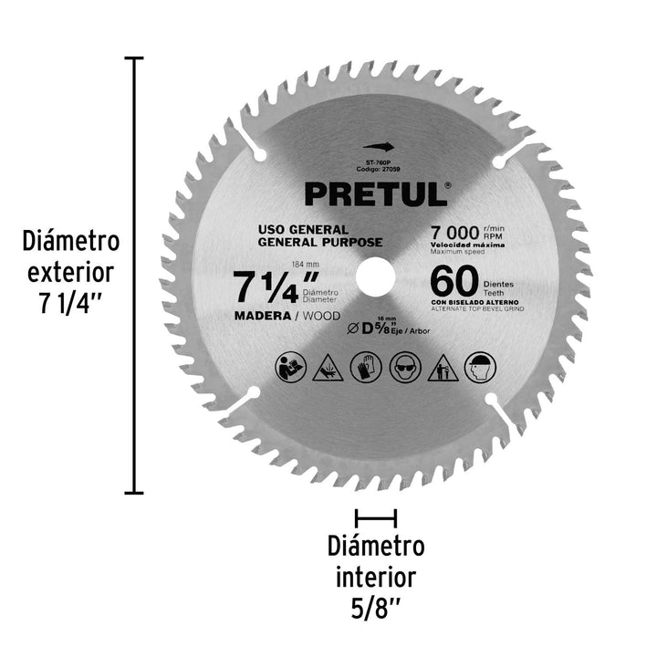 Disco Sierra P/madera 7-1/4 60 Dientes C5/8 Pretul - Mundo Tool 