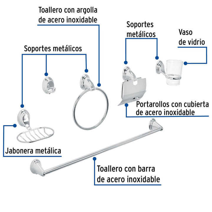 Juego de 6 accesorios p/baño cromo chapetón ovalado, Aqua - Mundo Tool 