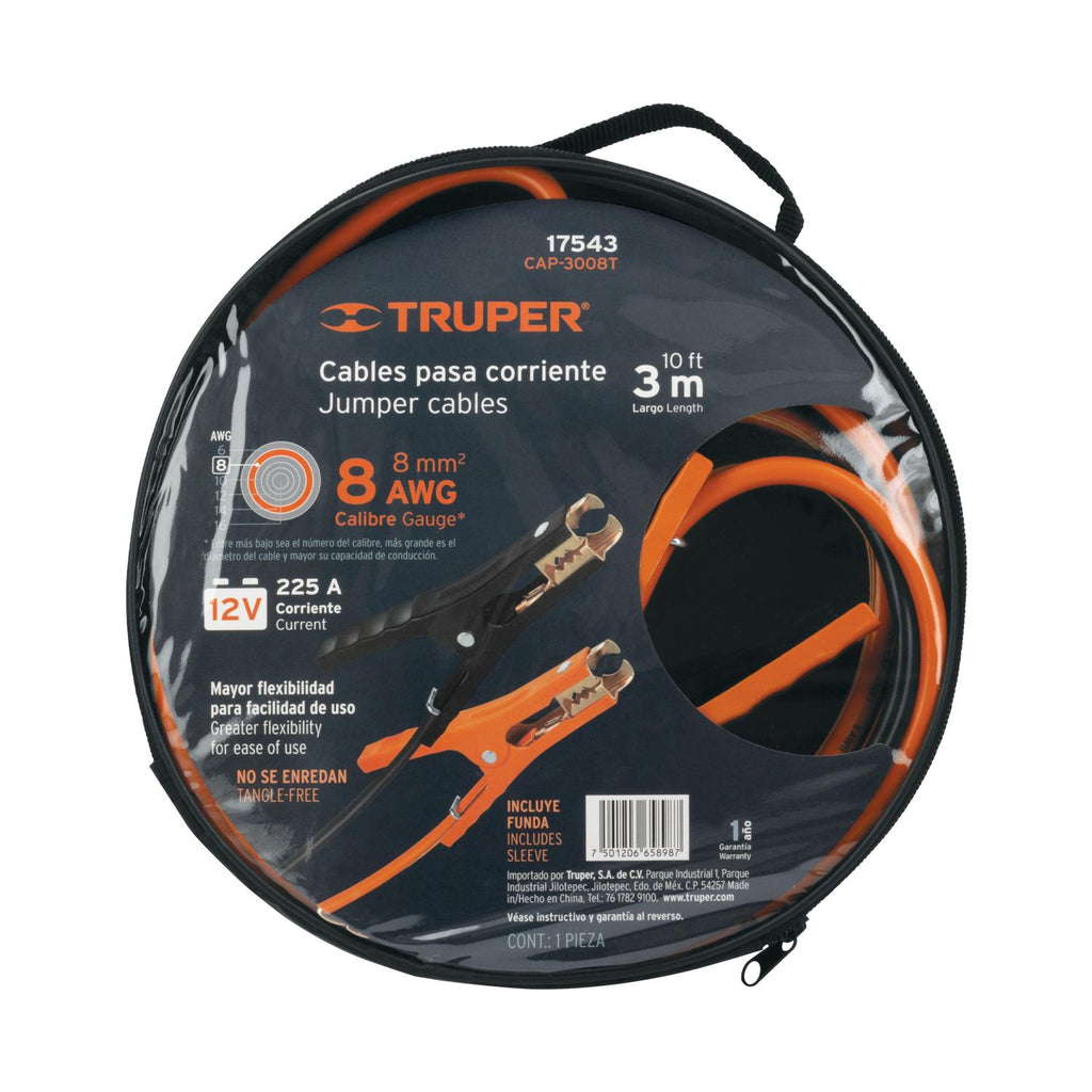 Cables pasa corriente 3 m, 225 A, 8 AWG, con funda, Truper - Mundo Tool 