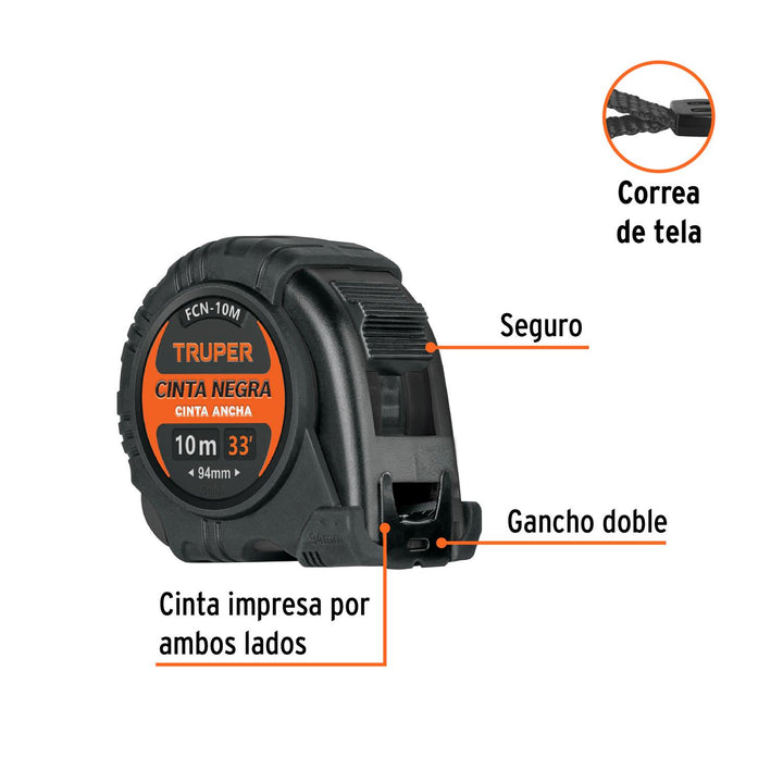 Flexómetro contra impactos 10 m, Cinta Negra 32 mm, Truper - Mundo Tool 