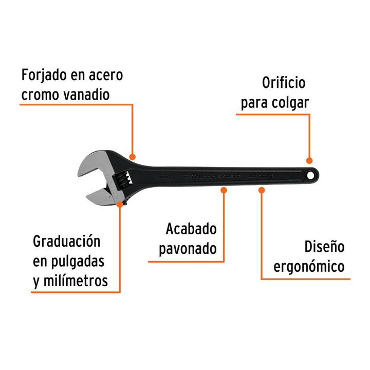 Llave ajustable (perico) 15" profesional pavonada, Expert - Mundo Tool 