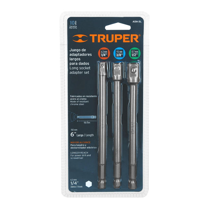 Juego de adaptadores largos para dados,1/4,3/8 y 1/2', 3pzas Truper - Mundo Tool 