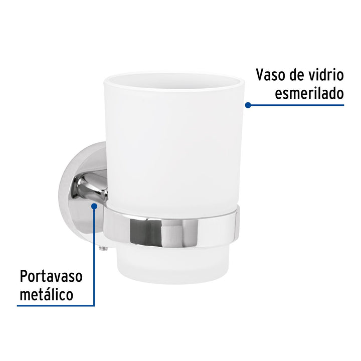 Portavaso cepillero cromo con vaso de vidrio, Foset Túbig - Mundo Tool 