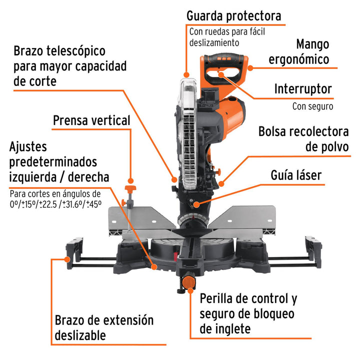 Sierra de inglete 12', 2000 W telescópica compuesta, Truper - Mundo Tool 