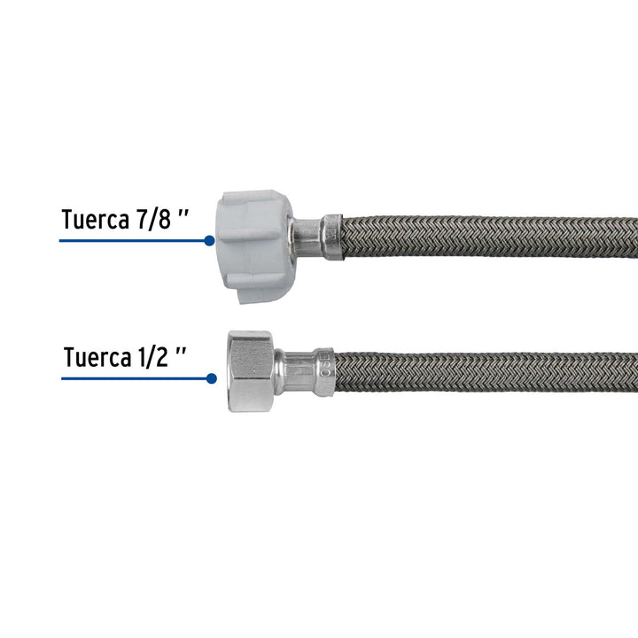Manguera p/WC, vinilo gris, 1/2'x7/8', 60cm, plástico/latón - Mundo Tool 