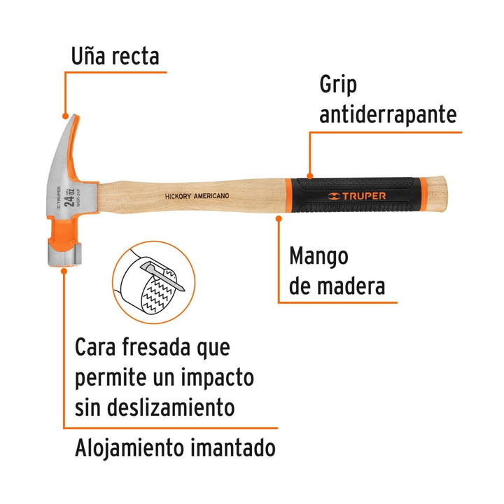 Martillo Pulido Uña Recta 24 Oz Boca Fresada - Mundo Tool 