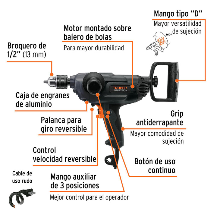 Taladro tipo espada 1/2", 1150W, TRUPER INDUSTRIAL - Mundo Tool 