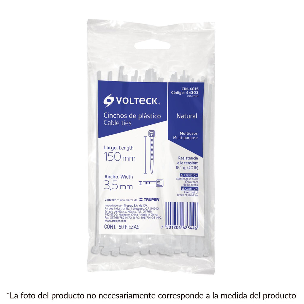 Cincho plástico, 40 lb, 20 cm, bolsa con 50 pzas Volteck - Mundo Tool 