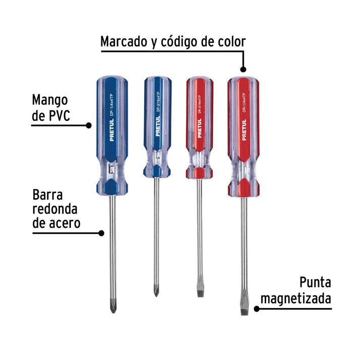 Juego de 4 desarmadores mango de PVC, Pretul - Mundo Tool 