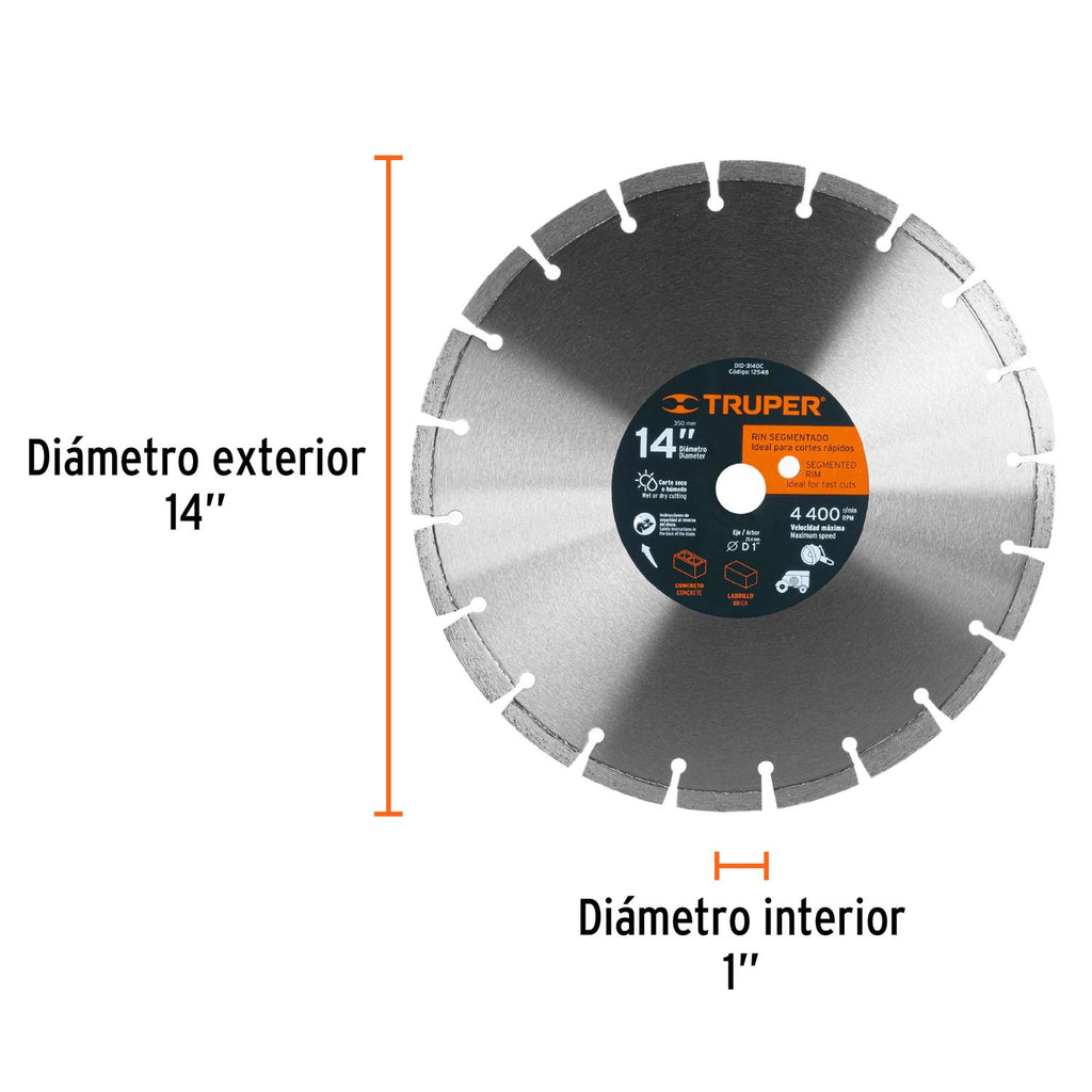 Disco de diamante de 14" x 2.8 mm corte ladrillo y concreto - Mundo Tool 