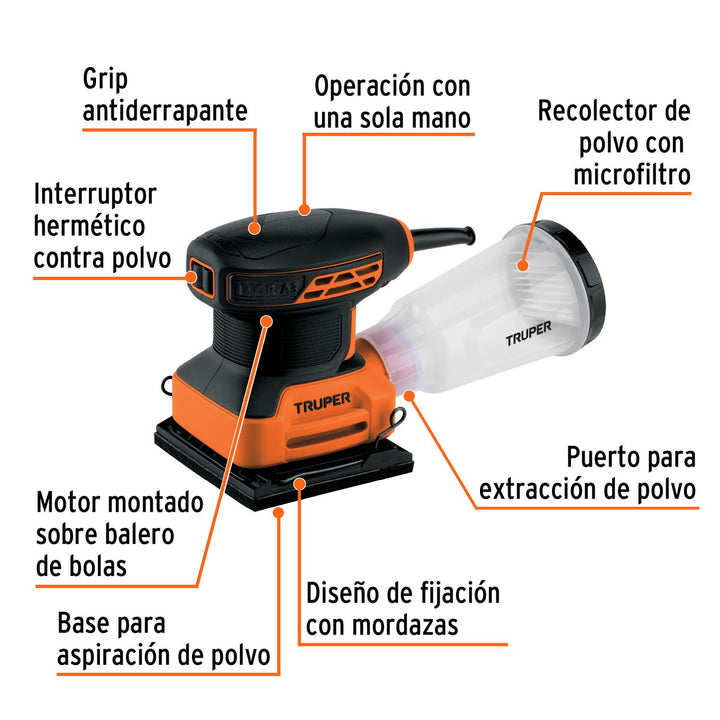 Lijadora orbital 1/4 hoja 240 W, profesional, Truper - Mundo Tool 