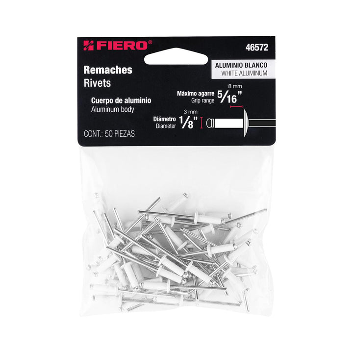 Bolsa c/50 remaches 1/8"x5/16" blancos de aluminio, ala 1/4" - Mundo Tool 