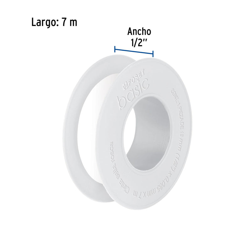 Cinta sella roscas 1/2" x 7 m, uso general, Foset Basic. 10 pzas. - Mundo Tool 