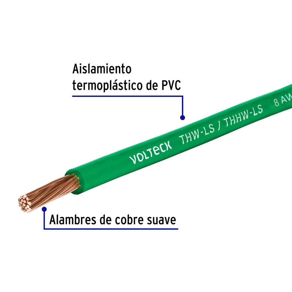 Carrete con 10 m de cable THHW-LS 8 AWG verde, Volteck - Mundo Tool 