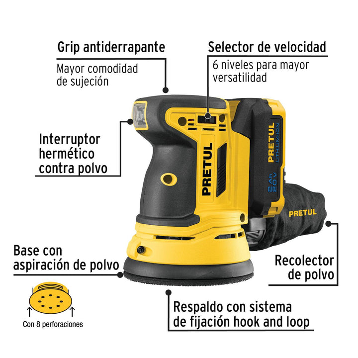 Lijadora roto orbital inalámbrica 5', 20 V, Pretul - Mundo Tool 