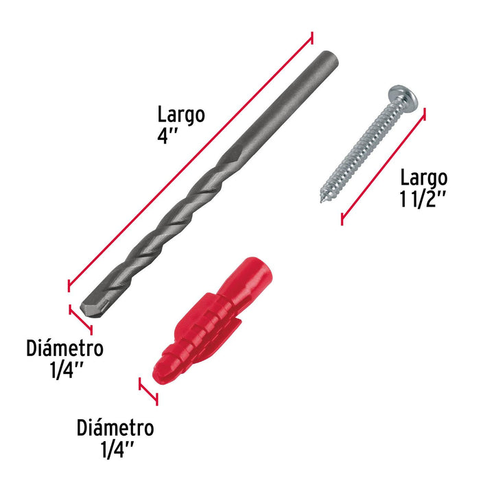 Kit de 20 taquetes 1/4' con pijas #8 y 1 broca 1/4', Fiero - Mundo Tool 