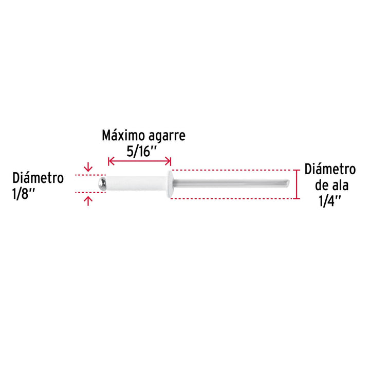 Bolsa c/50 remaches 1/8"x5/16" blancos de aluminio, ala 1/4" - Mundo Tool 