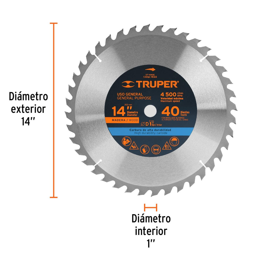 Disco sierra 14" para madera, 40 dientes centro 1", Truper - Mundo Tool 