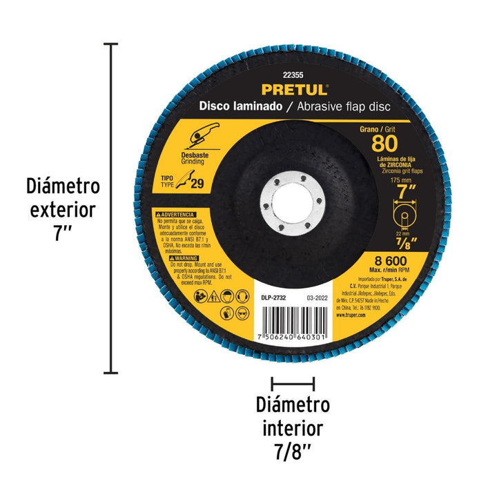 Disco Laminado 7' Grano 80 Centro 7/8' Pretul - Mundo Tool 