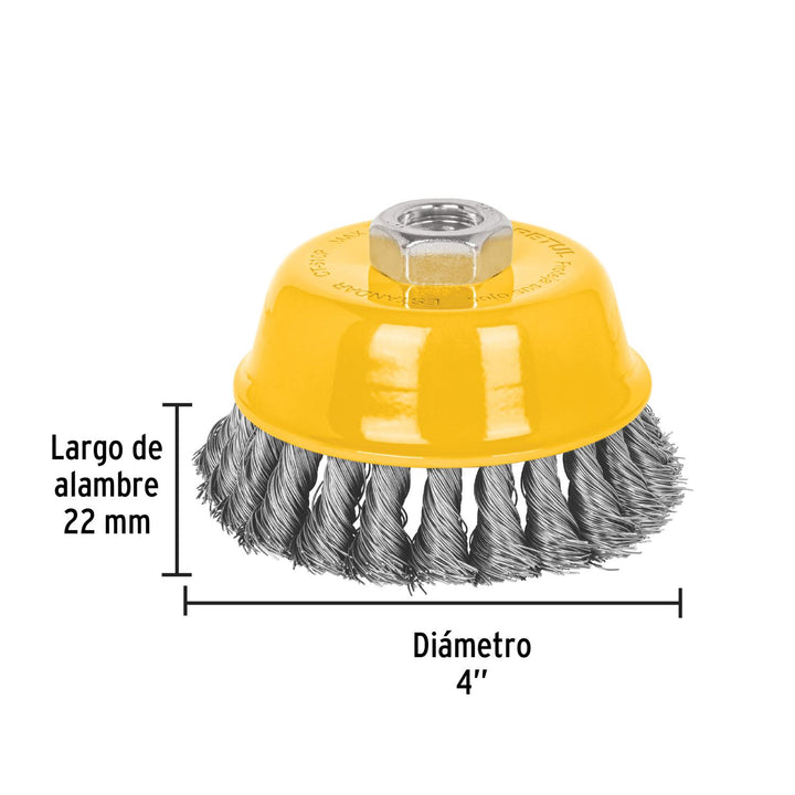 Carda copa 4' alambre trenzado fino, eje 5/8'-11, Pretul - Mundo Tool 