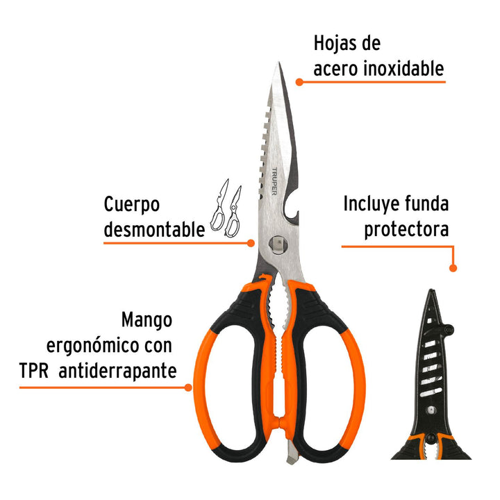 Tijera 8' multiusos de acero inoxidable p/cocina, mango TPR - Mundo Tool 