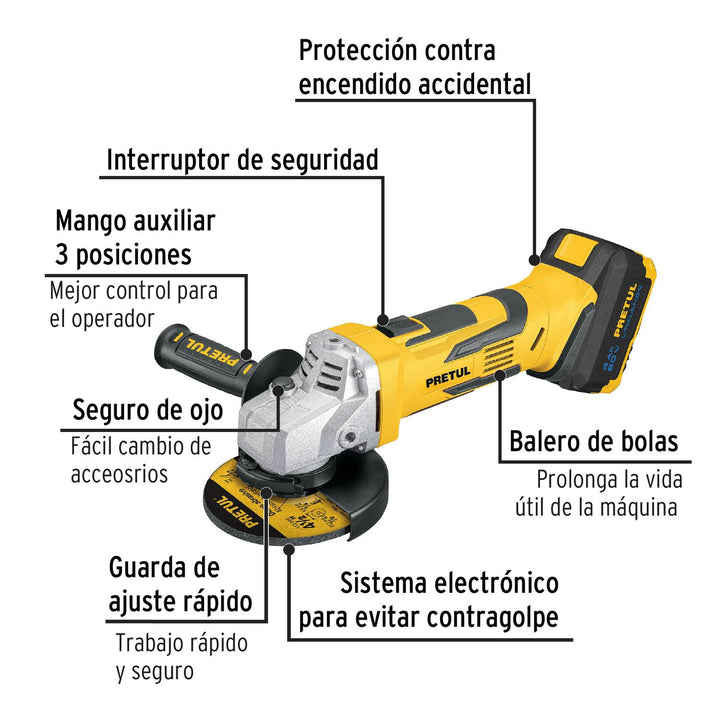 Esmeriladora angular inalámbrica 4-1/2', 20 V, Pretul - Mundo Tool 