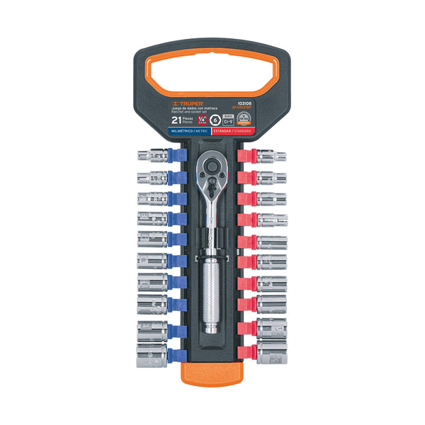 Truper JD-1/4X21MP, Juego de dados milimétricos y estandar con matraca cuadro 1/4″ - Mundo Tool 