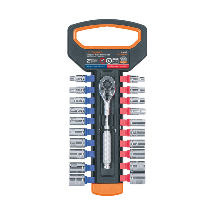 Truper JD-1/4X21MP, Juego de dados milimétricos y estandar con matraca cuadro 1/4″ - Mundo Tool 