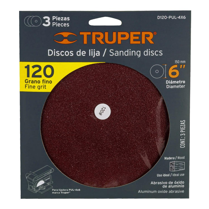 Disco grano 120 para lijadora PUL 4x6, funda con 3 pzas Truper - Mundo Tool 