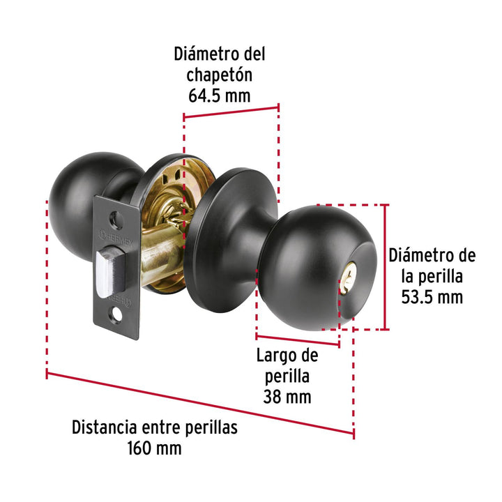 Cerradura esfera tubular, baño, negro, Hermex Basic - Mundo Tool 