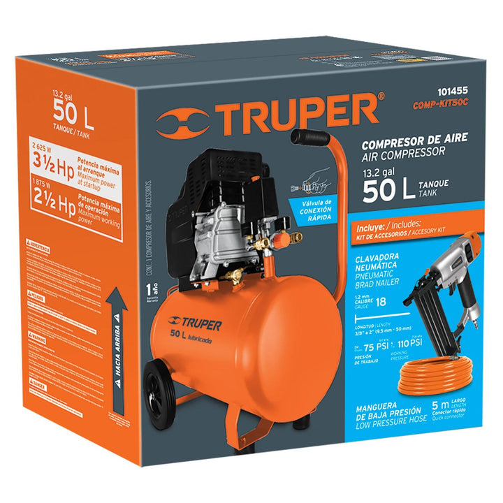 Kit compresor 50 L, clavadora CLNE-18 cal 18 y manguera - Mundo Tool 