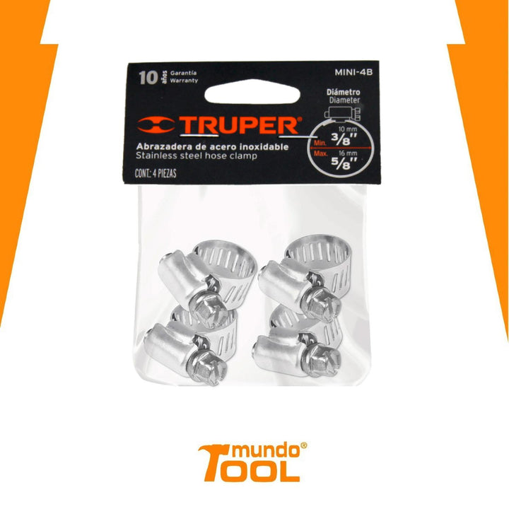 Bolsa c/4 mini abrazaderas sin fin # 4, 3/8"- 5/8", Truper - Mundo Tool 