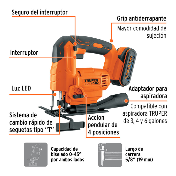 Sierra caladora 20V, 1 batería 2Ah, TRUPER PRO - Mundo Tool 