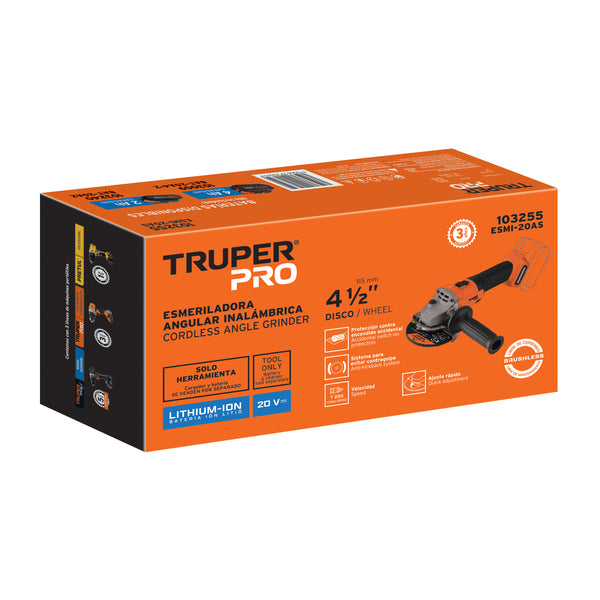 Esmeriladora 4-1/2', 20V, sin accesorios, TRUPER PRO - Mundo Tool 