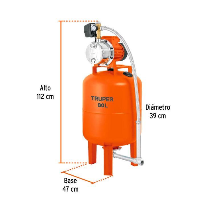 Equipo hidroneumático 80L, bomba jet inox. 1 HP, TRUPER - Mundo Tool 