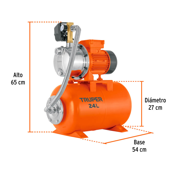 Equipo hidroneumático 24L, bomba jet inox. 3/4 HP, TRUPER - Mundo Tool 