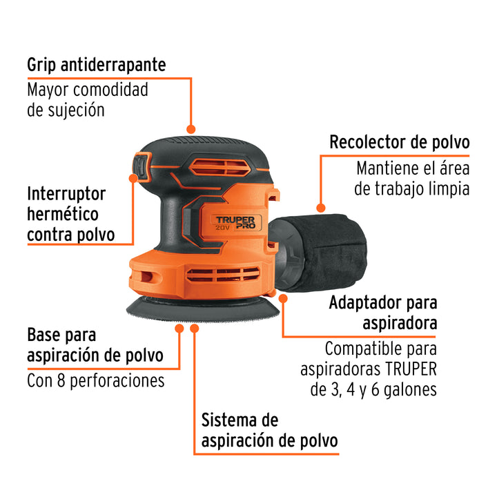 Lijadora roto-orbital 5', 20V, sin accesorios, TRUPER PRO - Mundo Tool 