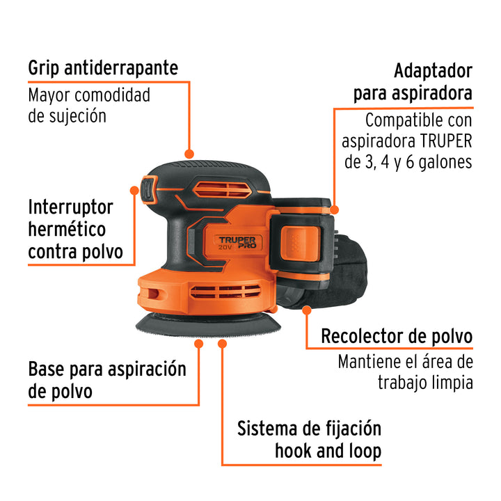 Lijadora roto-orbital 5', 20V, 1 batería 2Ah, TRUPER PRO - Mundo Tool 