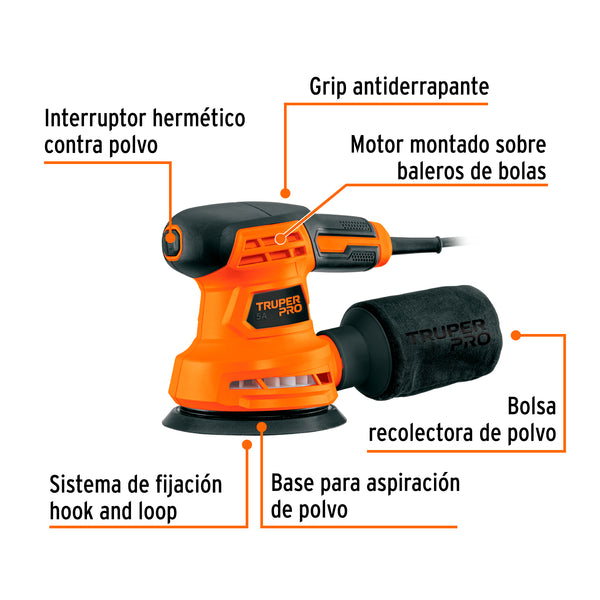 Lijadora roto orbital 5', 260W, TRUPER PRO - Mundo Tool 
