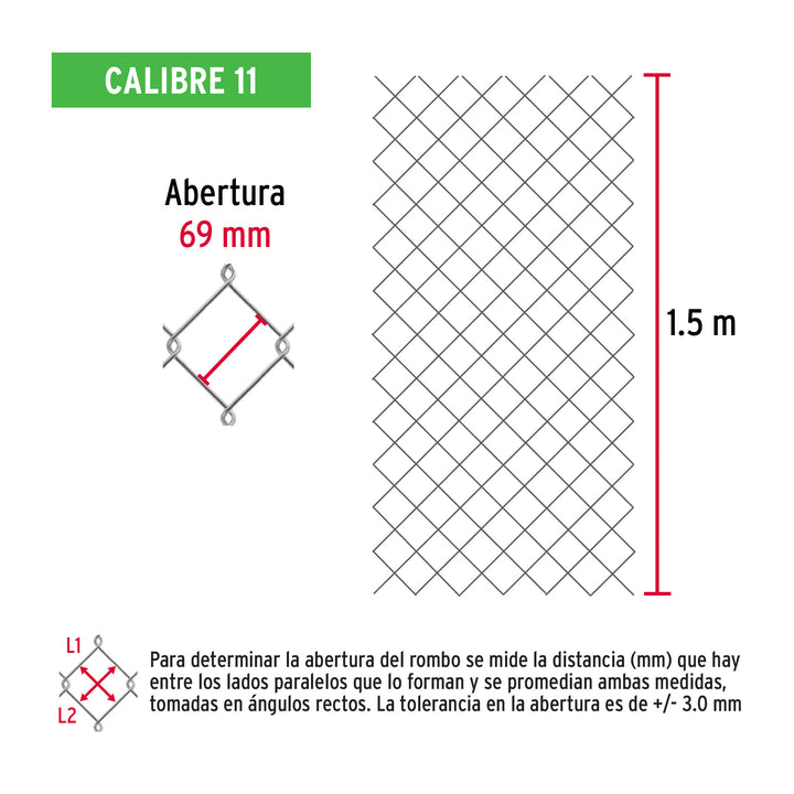 Rollo malla ciclónica cal.11, 1.5x20m, abertura 69mm, 46kg - Mundo Tool 