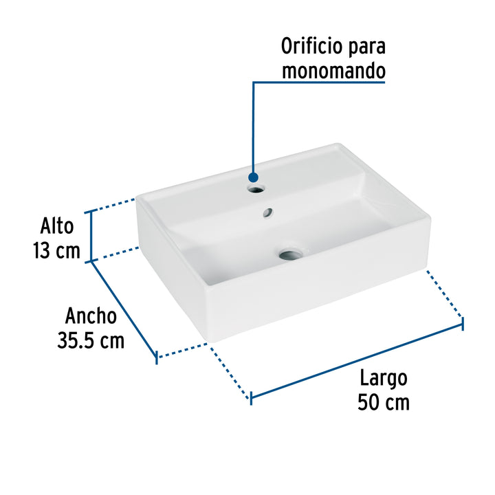 Lavabo de porcelana de sobreponer rectangular, blanco, FOSET - Mundo Tool 